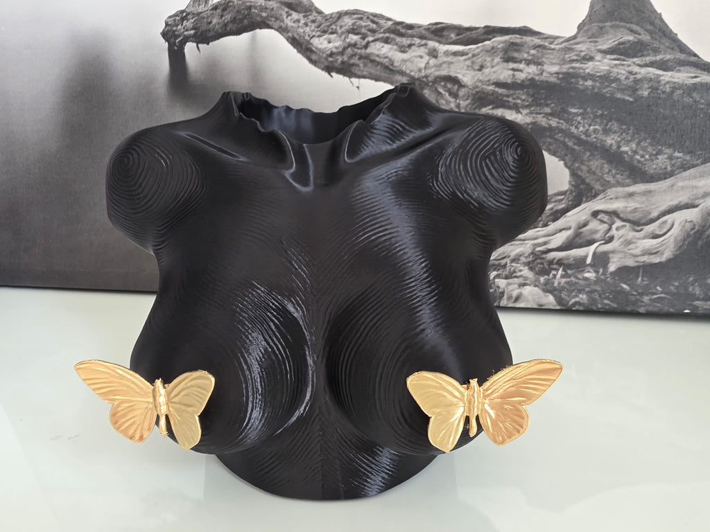 Black & Gold Torso Sculpture w/ Butterflies  Modern Home Decor