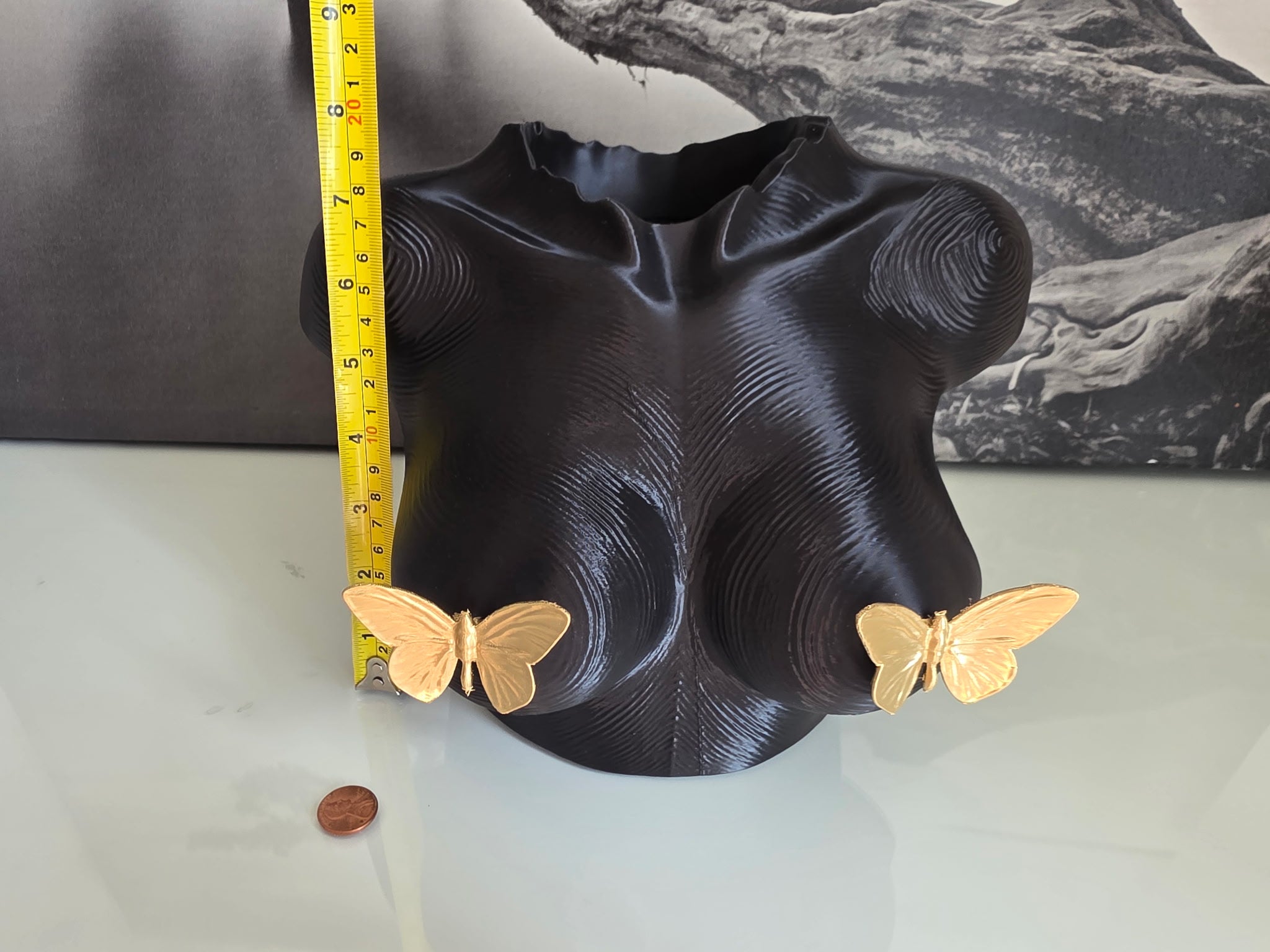 Black & Gold Torso Sculpture w/ Butterflies  Modern Home Decor