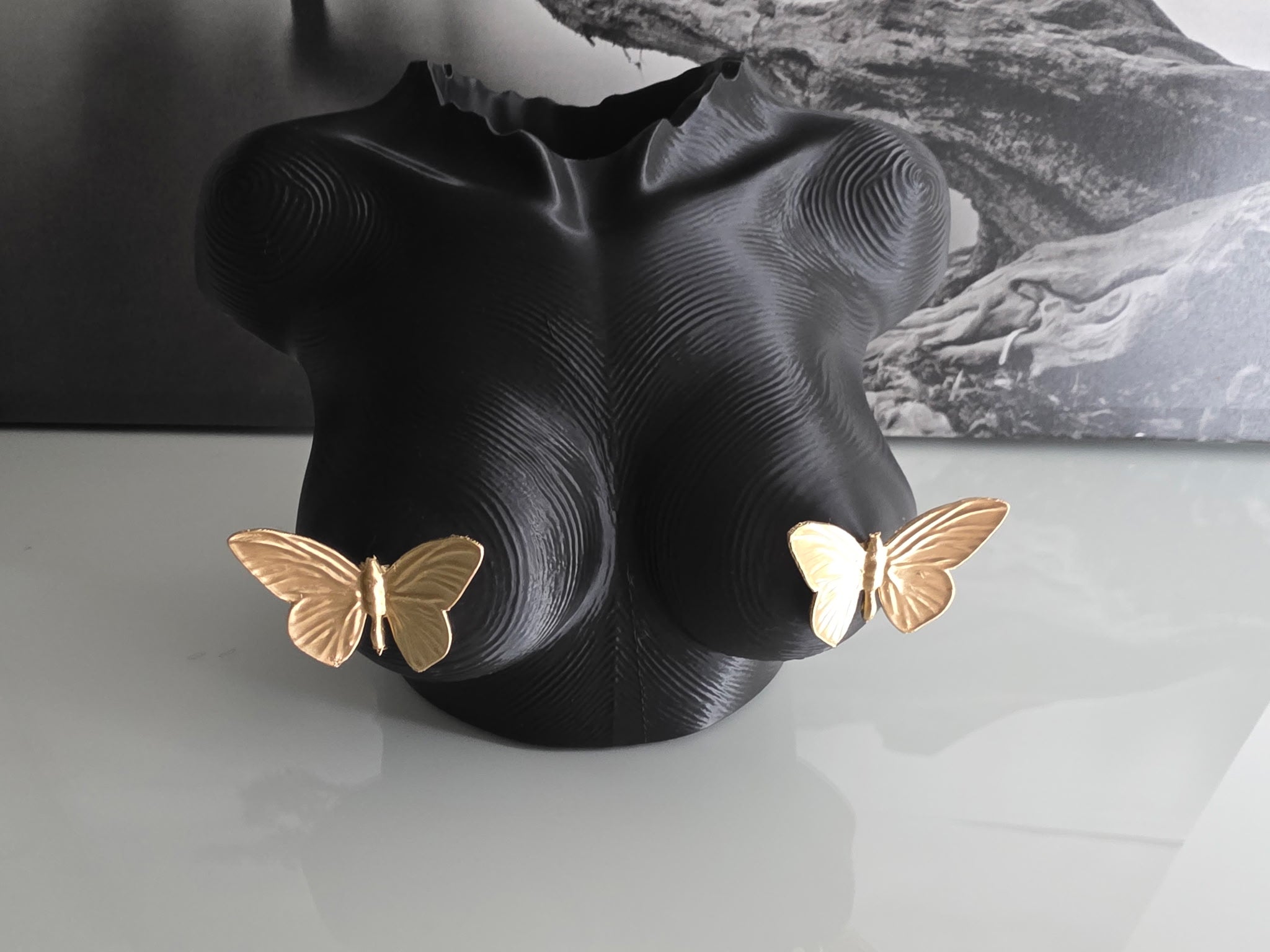 Black & Gold Torso Sculpture w/ Butterflies  Modern Home Decor