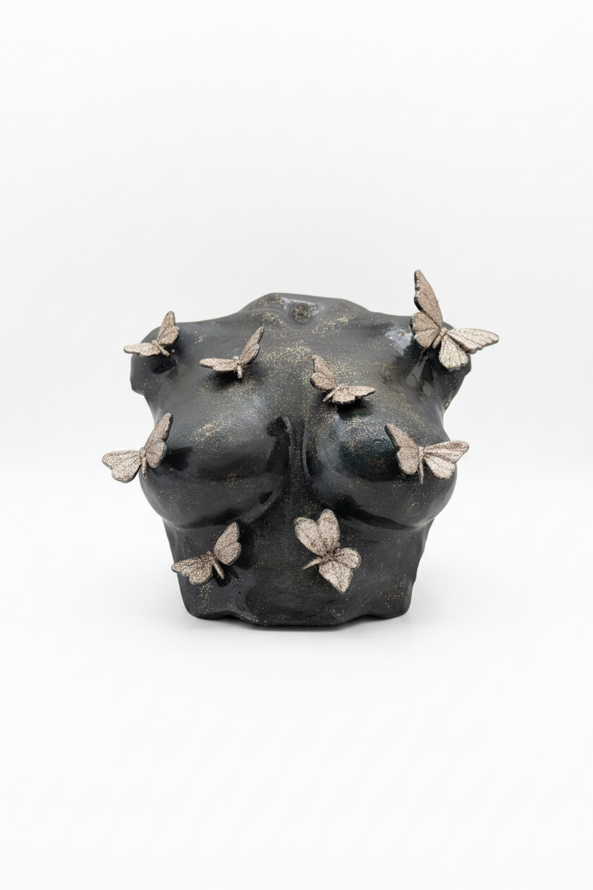 Dark Torso Sculpture with Silver Butterflies - Clean Background
