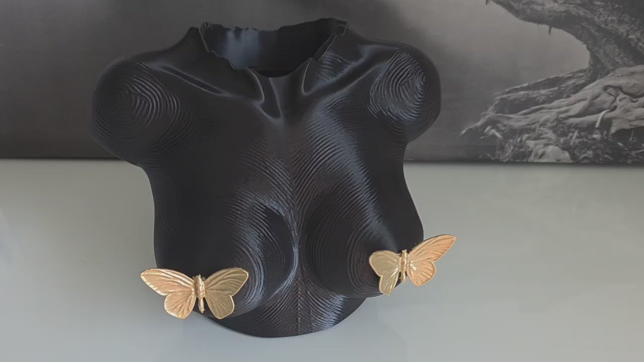 Black & Gold Torso Sculpture w/ Butterflies  Modern Home Decor